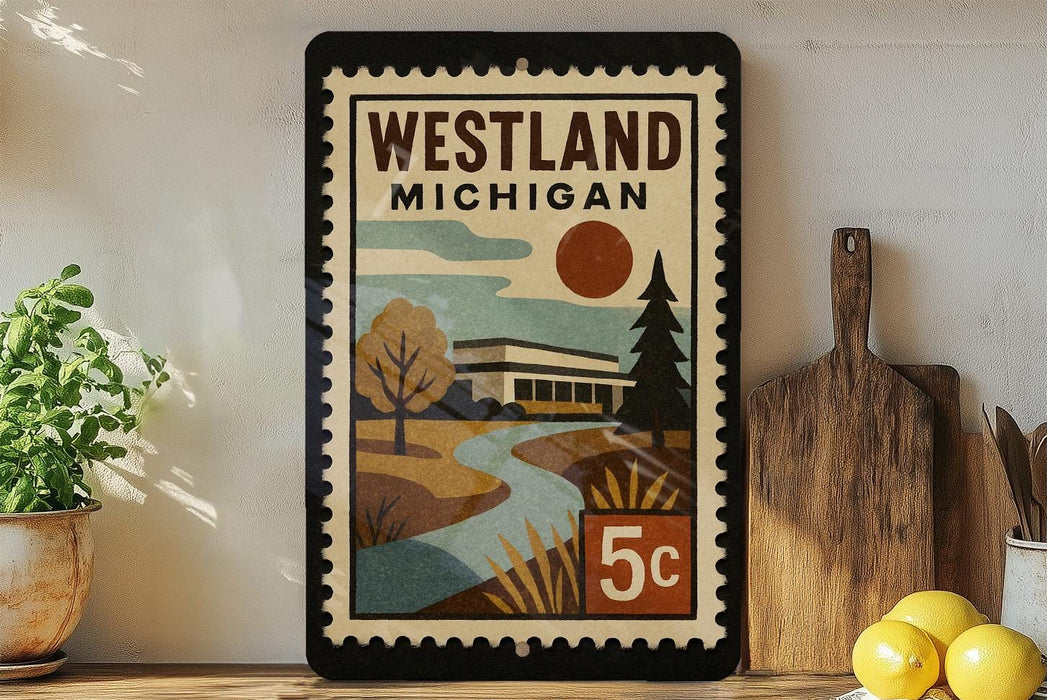 A framed poster of Westland, Michigan, featuring a scenic landscape with a river, trees, and a house.
