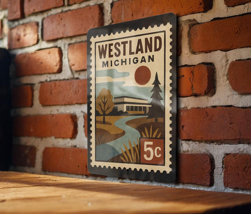 A vintage-style postage stamp from Westland, Michigan, featuring a scenic landscape with a river, trees, and a house.