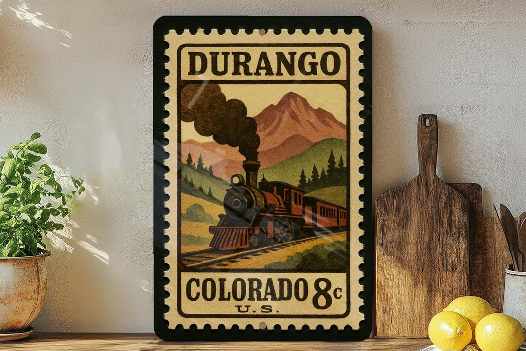 A framed vintage-style stamp depicting a steam locomotive on a train traveling through a mountainous landscape, with the text "DURANGO COLORADO 8c U.S."