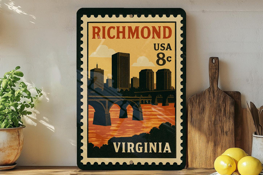 A vintage postage stamp from Virginia featuring a cityscape with a bridge, surrounded by various kitchen utensils and a potted plant.