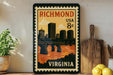 A vintage postage stamp from Virginia featuring a cityscape with a bridge, surrounded by various kitchen utensils and a potted plant.