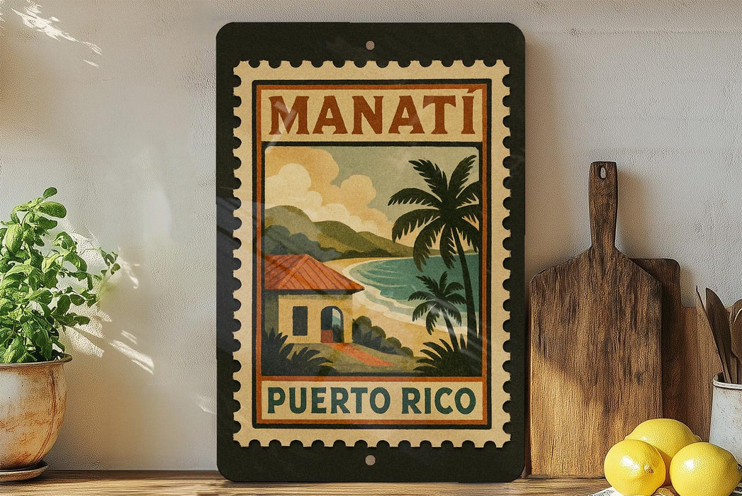 A vintage-style sign for Puerto Rico, featuring a tropical landscape with palm trees and a house, is displayed on a shelf next to a wooden cutting board and some lemons.