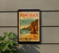 A vintage-style postage stamp for Pismo Beach, California, featuring a beach scene with a pier and cliffs.