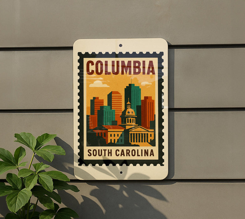 A sign displaying the city of Columbia, South Carolina, with a stylized illustration of the city's skyline.