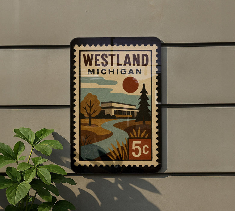 A postage stamp from Westland, Michigan, featuring a scenic landscape with a river, trees, and a building.