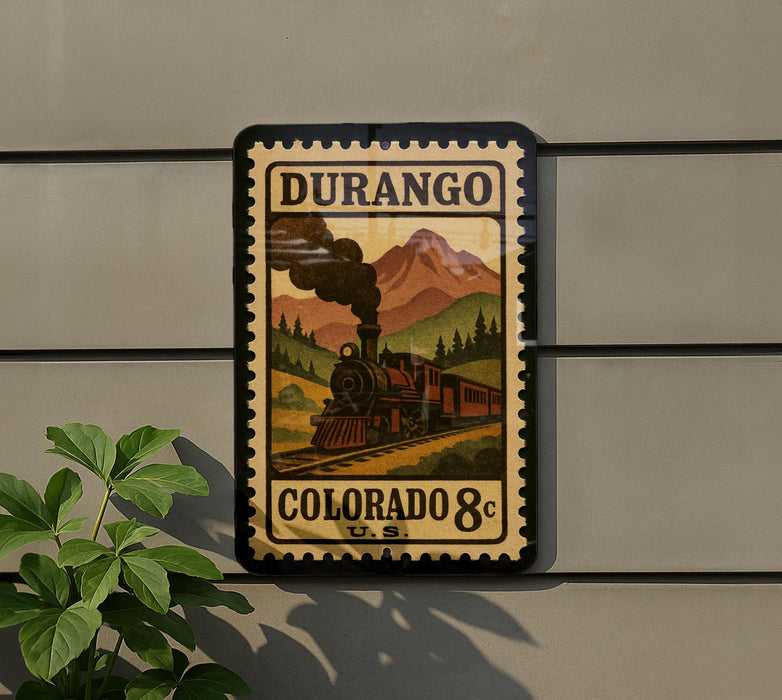 A vintage postage stamp from Durango, Colorado, featuring a steam locomotive and mountainous scenery.