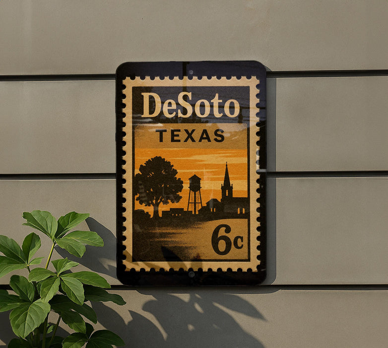 A vintage-style postage stamp from Texas, featuring a silhouette of a town and a water tower, mounted on a wall.