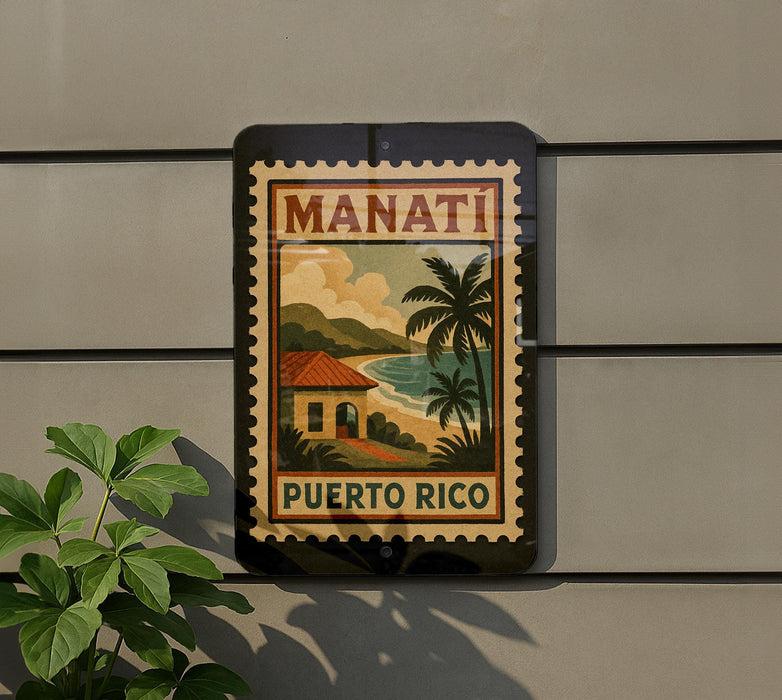 A sign with the text "MANATI PUERTO RICO" is displayed on a wall, featuring a tropical landscape with palm trees and a beach.