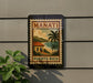 A sign with the text "MANATI PUERTO RICO" is displayed on a wall, featuring a tropical landscape with palm trees and a beach.