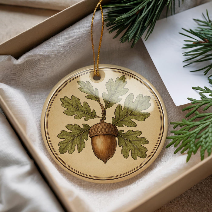 A round ornament with a brown acorn and green leaves is displayed in a box, surrounded by pine branches.
