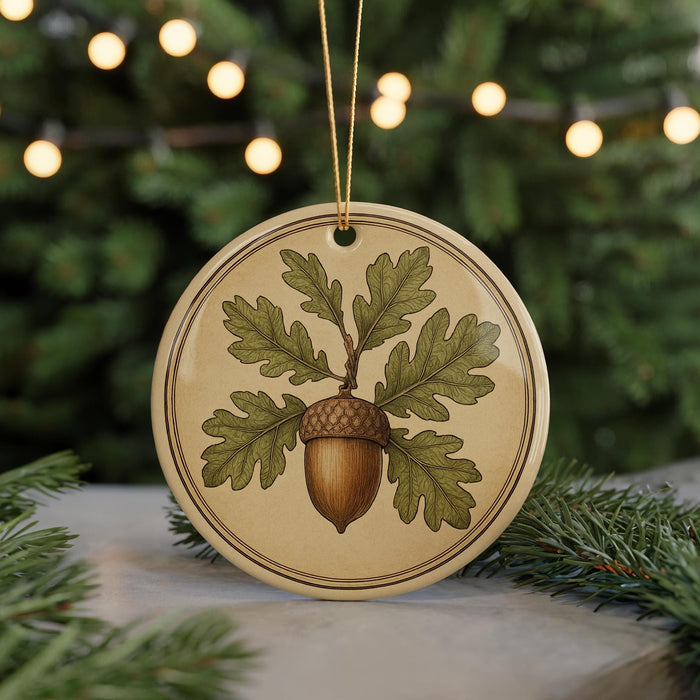 A round ornament featuring an acorn and leaves, hanging from a string against a blurred background of a Christmas tree with lights.