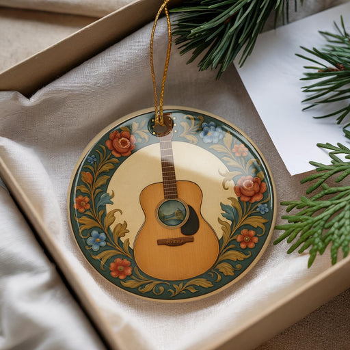 A decorative ornament in the shape of a guitar, with a floral border, is displayed in a box alongside some pine branches.