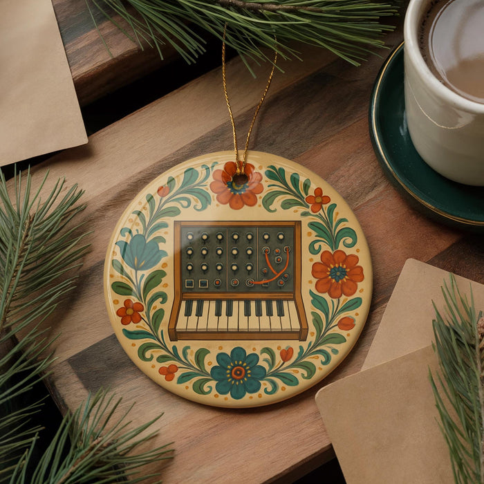 A decorative ornament featuring a musical keyboard and flowers is displayed on a wooden surface, accompanied by a cup of coffee and some papers.