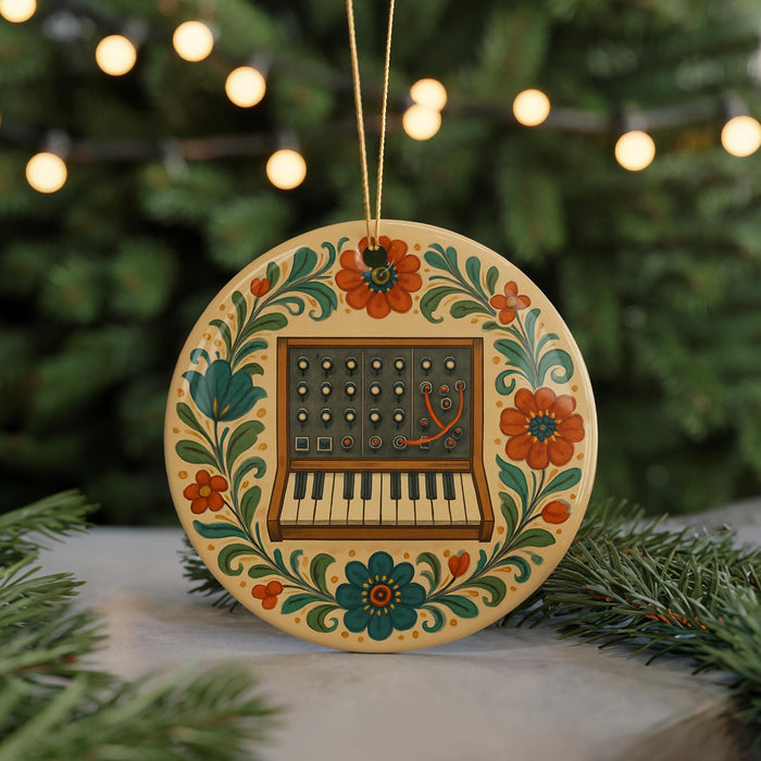 A decorative ornament featuring a piano keyboard and flowers, hanging from a string against a blurred background of greenery and lights.