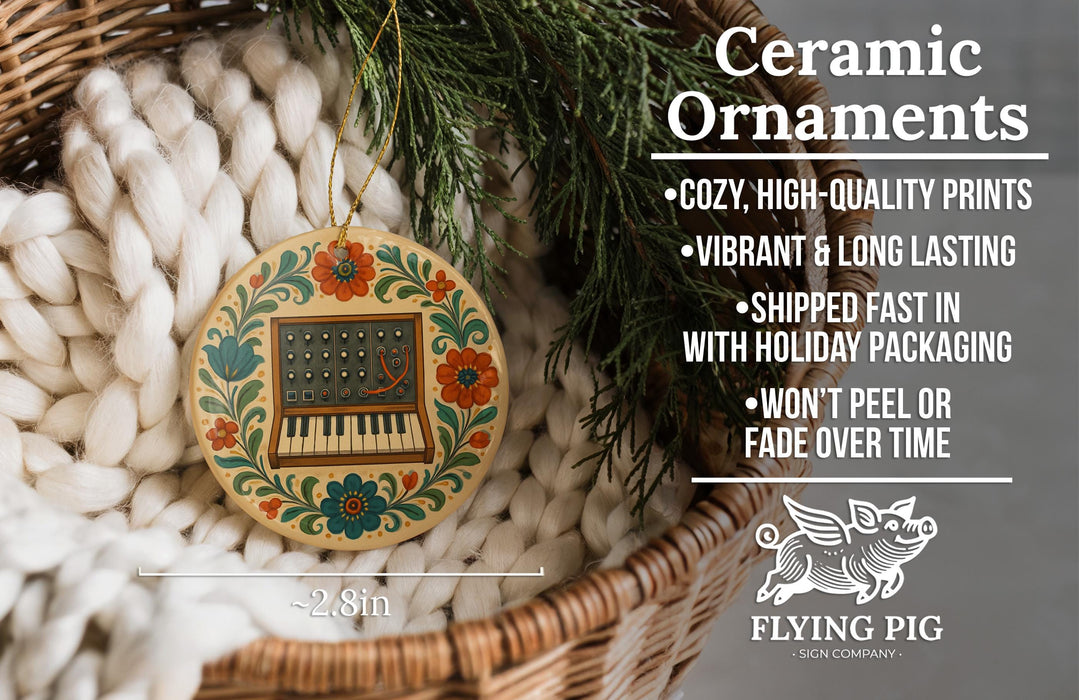 a ceramic ornament hanging from a wicker basket, with a text overlay providing information about the ornament's features.