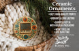 a ceramic ornament hanging from a wicker basket, with a text overlay providing information about the ornament's features.