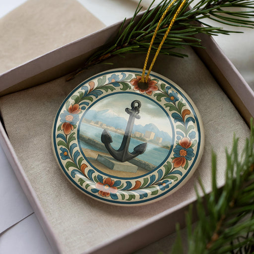 A decorative plate with an anchor and a scenic background is displayed in a box, surrounded by pine branches.