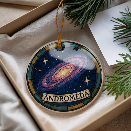 A decorative ornament in a box, featuring a colorful depiction of a galaxy with stars and the word "ANDROMEDA" written on it.