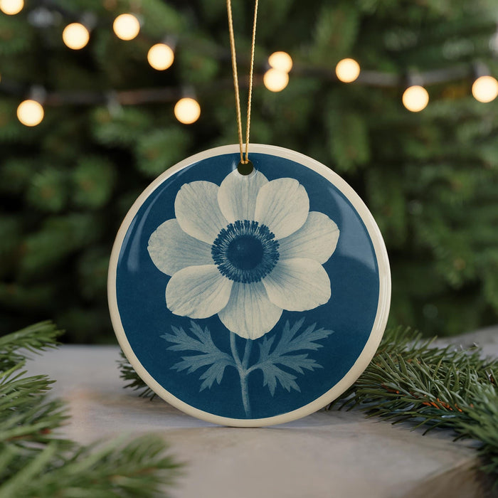 A blue and white ceramic ornament featuring a white flower with a blue center is displayed on a table, surrounded by pine branches and twinkling lights.