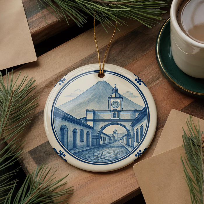 A decorative ceramic ornament featuring a blue and white illustration of a building with a clock tower, hanging on a wooden surface.