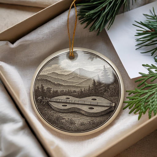 A decorative ornament featuring a lute or banjo, with a mountain landscape in the background, is displayed in a box alongside pine branches and greenery.