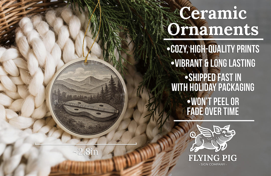 Ceramic ornaments, featuring a detailed image of a landscape with mountains and a river, are displayed in a woven basket.