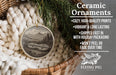 Ceramic ornaments, featuring a detailed image of a landscape with mountains and a river, are displayed in a woven basket.