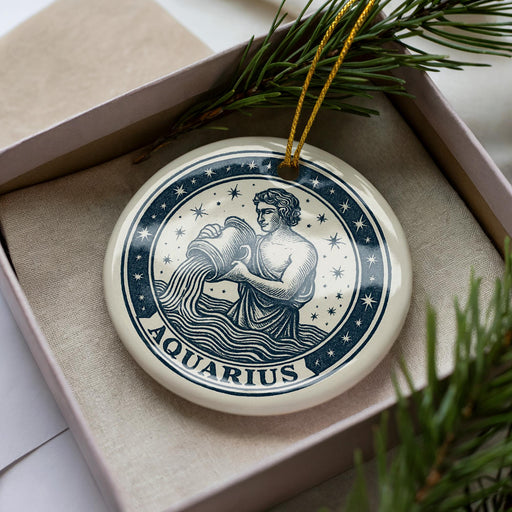 A decorative ceramic ornament in the shape of the Aquarius zodiac sign, featuring a figure of a woman holding a pitcher of water. The ornament is displayed in a box, surrounded by pine branches.