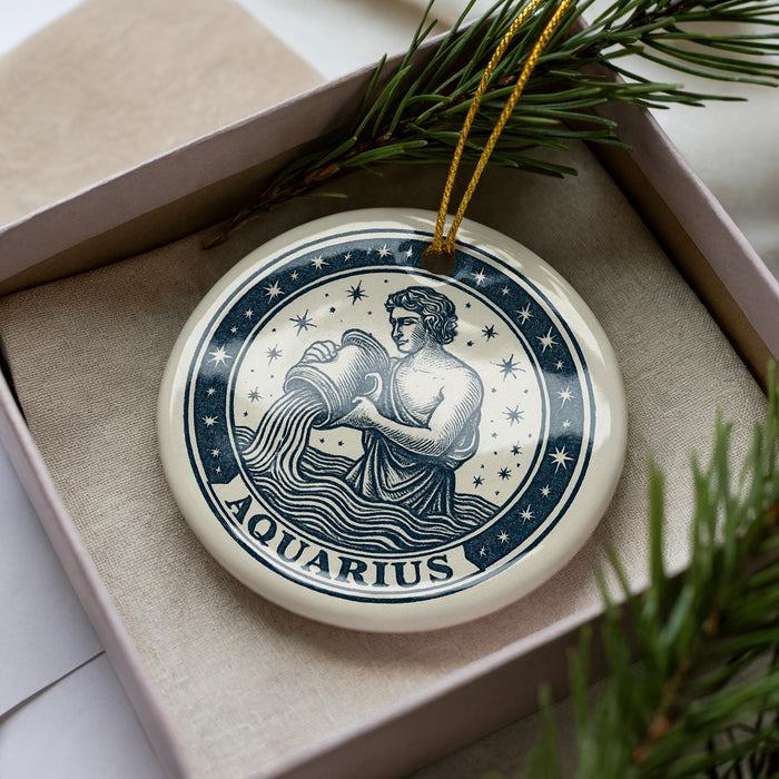 A decorative ceramic ornament in the shape of the Aquarius zodiac sign, featuring a figure of a woman holding a pitcher of water. The ornament is displayed in a box, surrounded by pine branches.