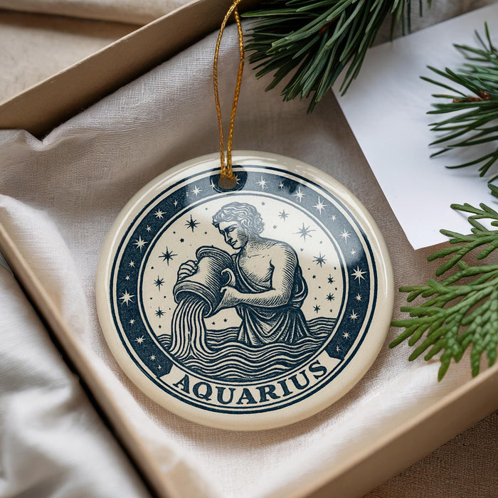 A decorative ornament in the shape of a man pouring water, representing the Aquarius zodiac sign, is displayed on a surface with pine branches and a white card.
