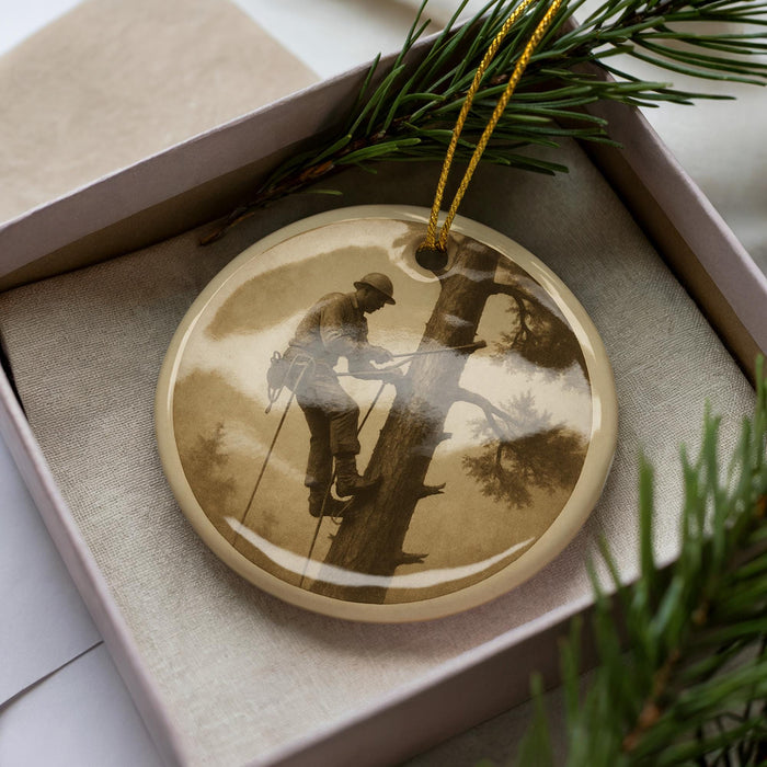 A round ornament featuring a man climbing a tree, with a pine branch and greenery in the background.