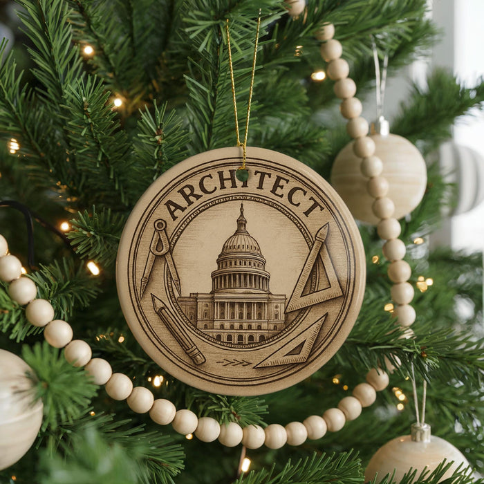 A round ornament on a Christmas tree, featuring an image of the United States Capitol building and various architectural elements.