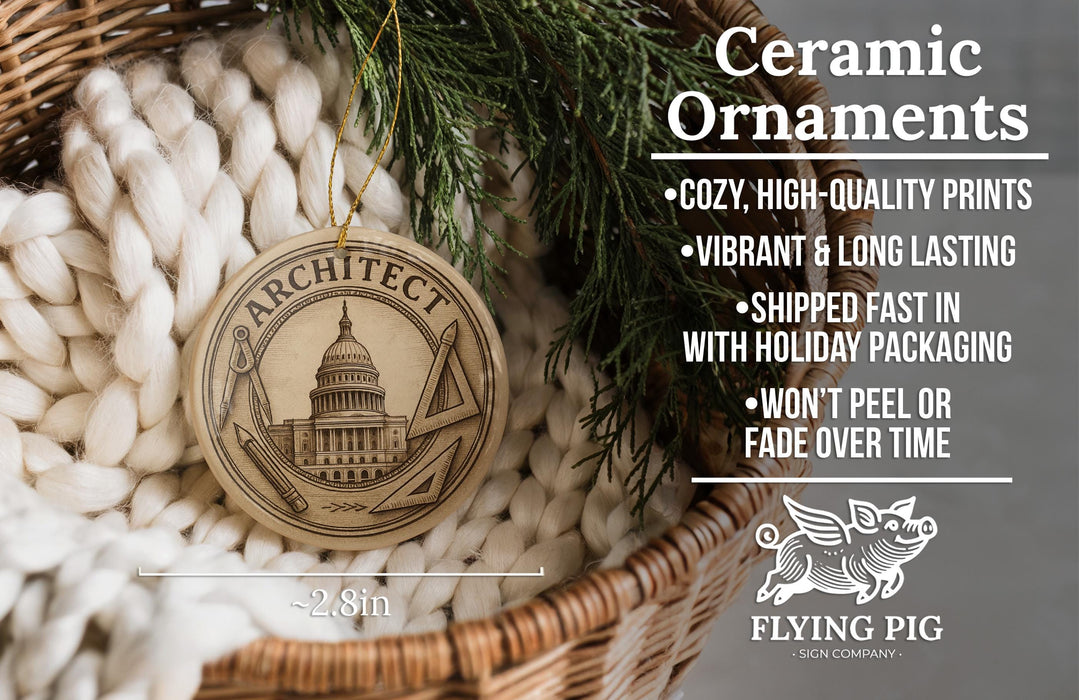 a ceramic ornament hanging from a wicker basket, with a description of the ornament and its features.