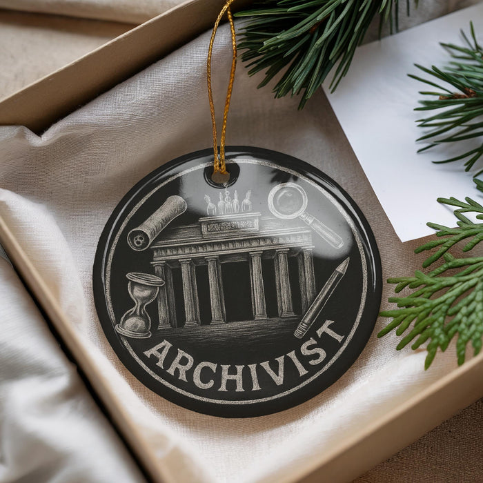 A black and white ornament with the word "ARCHIVIST" written on it, hanging from a string.