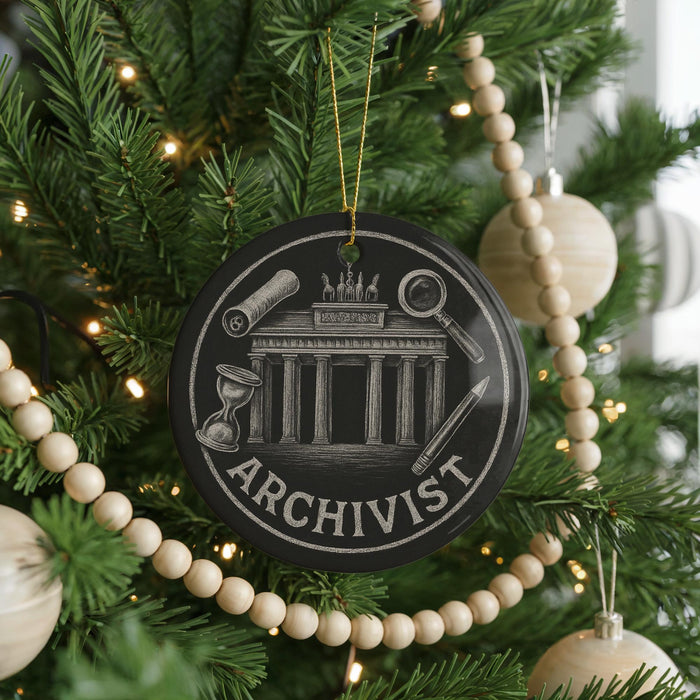 A black ornament with a white text reading "ARCHIVIST" is hanging on a Christmas tree, surrounded by ornaments and lights.