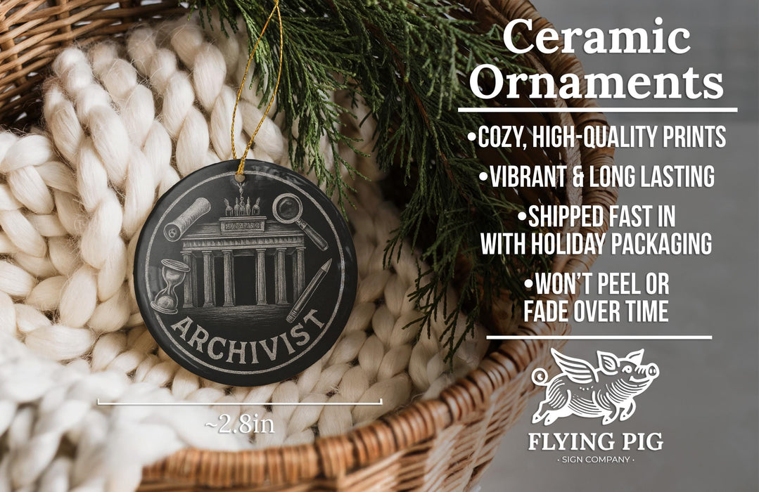 a ceramic ornament hanging from a wicker basket, with a text overlay providing information about the ornament.