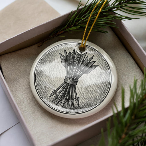 A decorative ornament in a box, featuring a circular design with a stylized illustration of arrows.