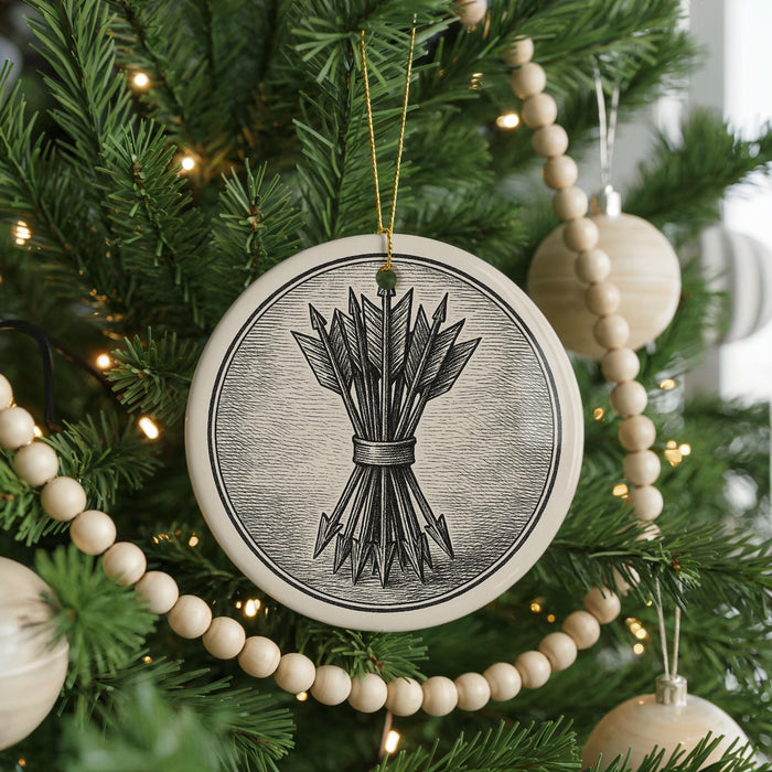 A Christmas tree decorated with ornaments, including a circular ornament with a black and white illustration of arrows and a wooden bead garland.