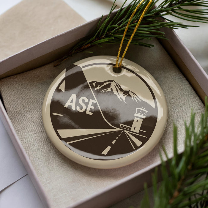 A circular ornament with a graphic design depicting a plane and mountains, placed in a box with pine branches.