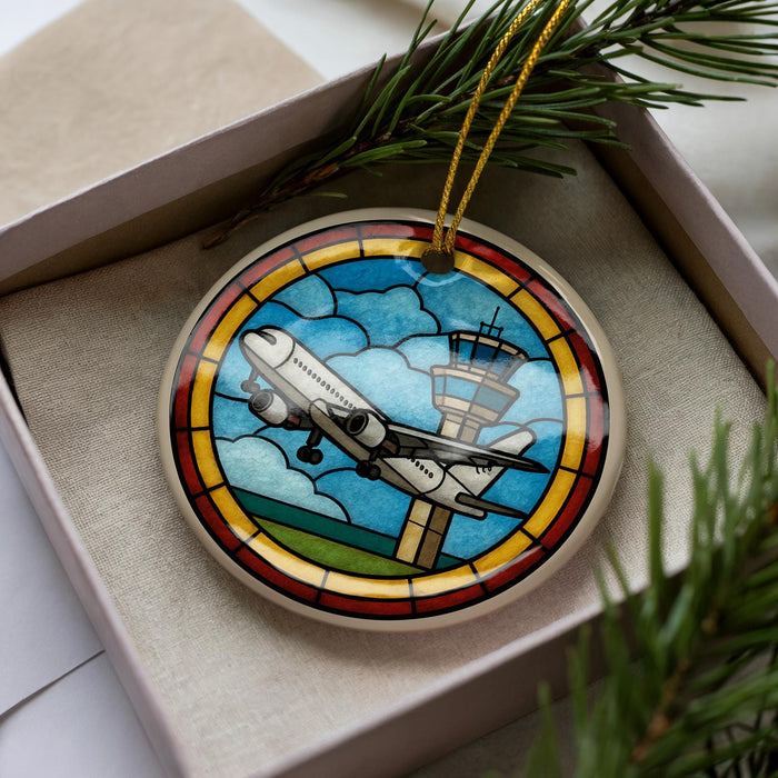 A decorative ornament featuring a stained glass-style image of a plane taking off, surrounded by a colorful border.