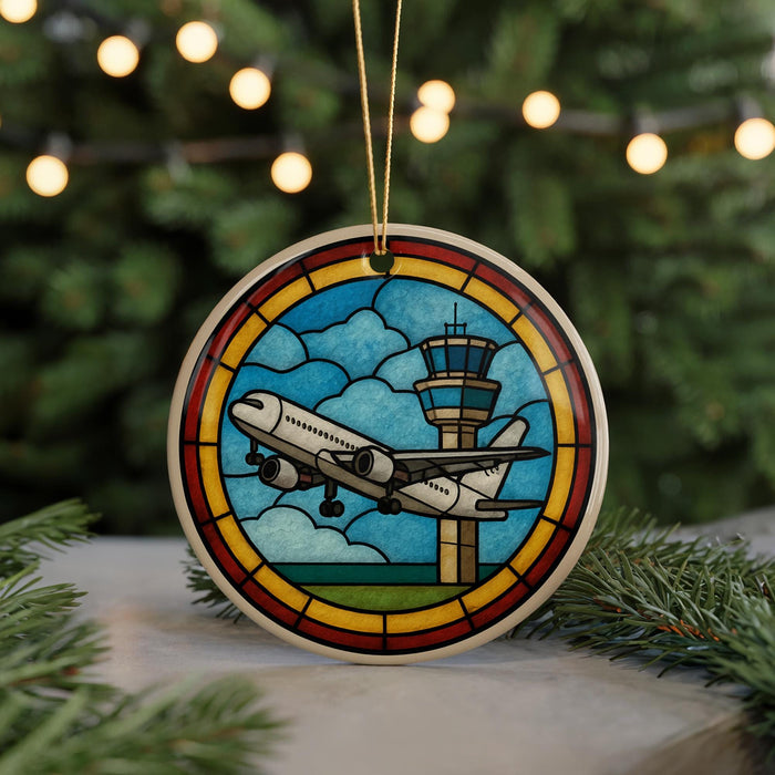 A circular ornament featuring a stained glass-style illustration of an airplane taking off, with a control tower in the background, set against a blurred background of greenery and lights.