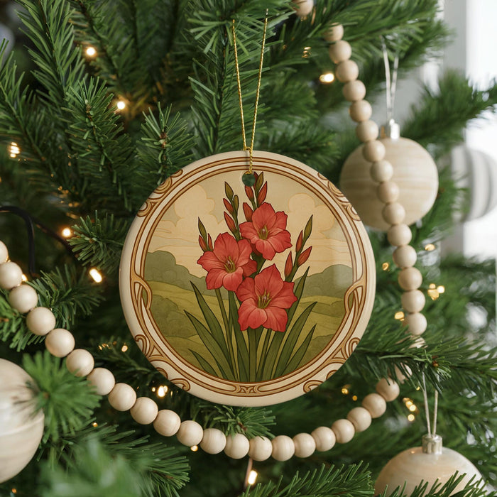 A round ornament with a floral design hangs from a Christmas tree, surrounded by other ornaments and lights.