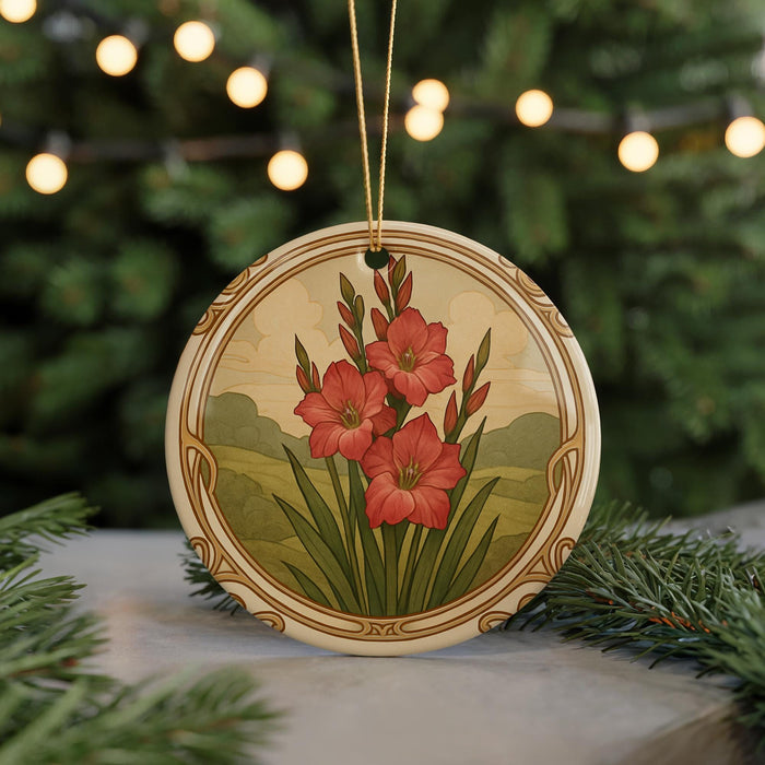A round ornament with a floral design featuring red flowers and green leaves, hanging from a string against a blurred background of a Christmas tree with lights.