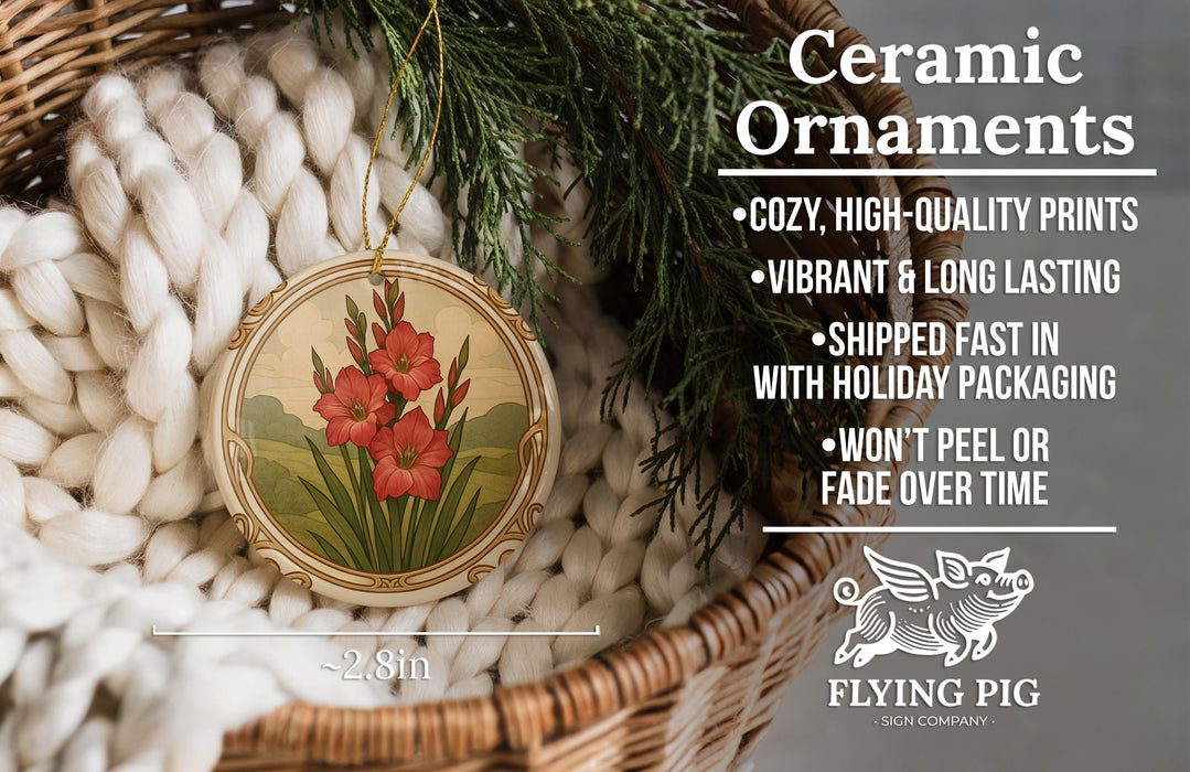 Ceramic ornaments, featuring a floral design, are displayed in a woven basket.