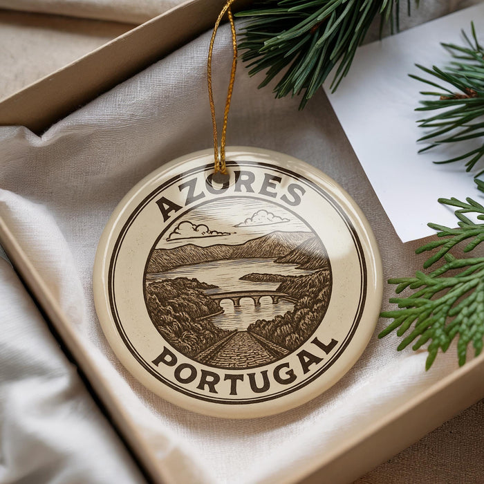 A circular ornament with the text "AZÚRES PORTUGAL" and an illustration of a scenic landscape, hanging from a string.
