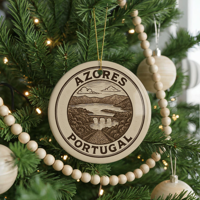 A circular ornament on a Christmas tree, featuring the text "AZORES PORTUGAL" and an illustration of a scenic landscape.