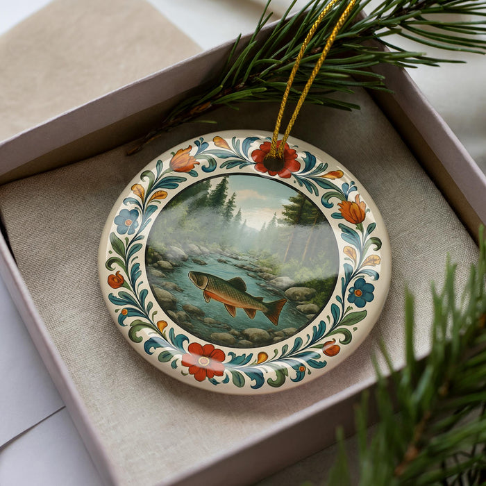 A decorative plate with a painting of a fish in a river, surrounded by a floral border, is displayed in a box with pine branches.