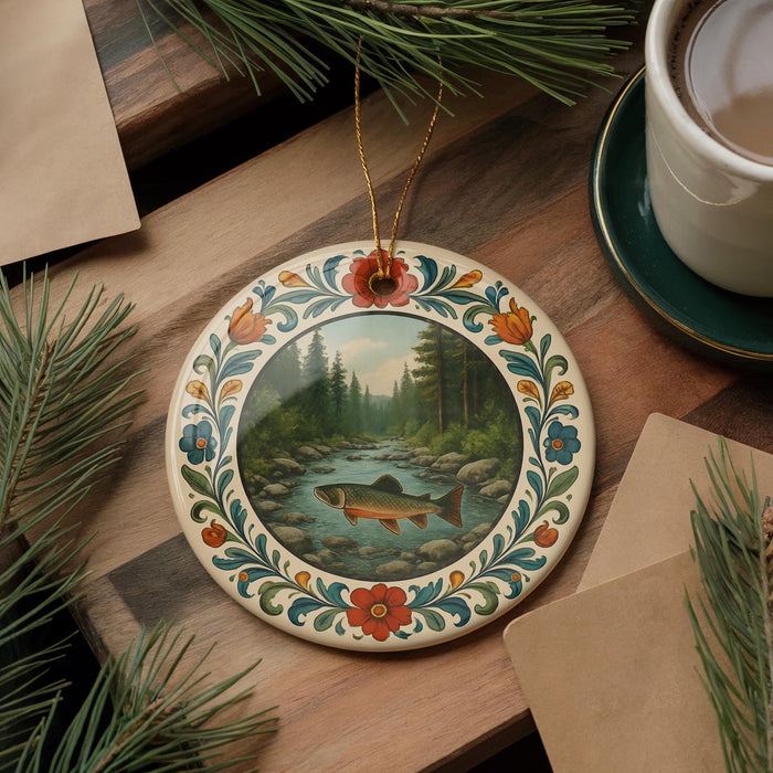 A decorative plate with a painting of a fish in a river, surrounded by a floral border, is placed on a wooden surface next to a cup of coffee and some pine branches.