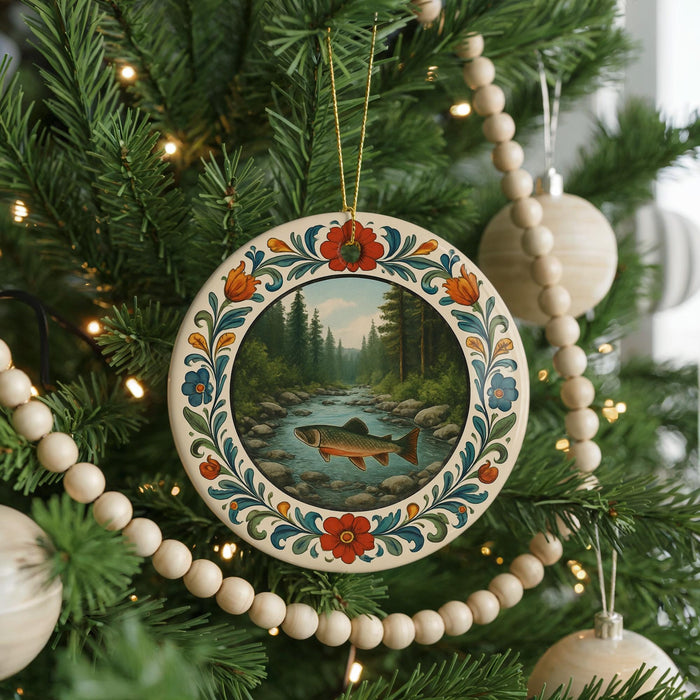 A decorative ornament hanging on a Christmas tree, featuring a painting of a river and trees.