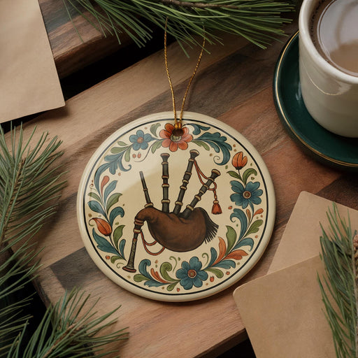 A decorative ornament featuring a piper blowing bagpipe is displayed on a wooden surface, surrounded by pine branches and a cup of coffee.